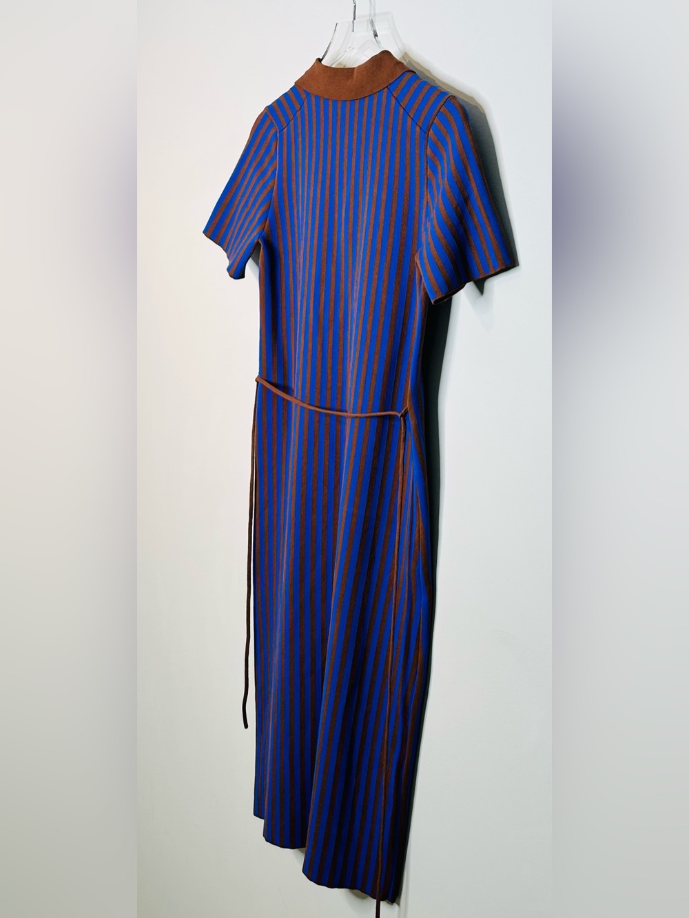 Tory Burch Chocolate Brown Soufflé Electric Blue Ink Striped Polo Midi Dress - Picture 9 of 15
